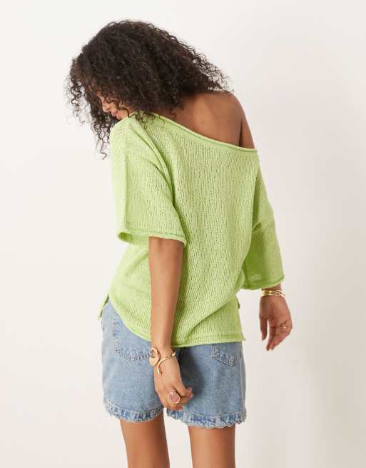 ASOS DESIGN loose knit off shoulder short sleeve jumper in green, 4 of 4