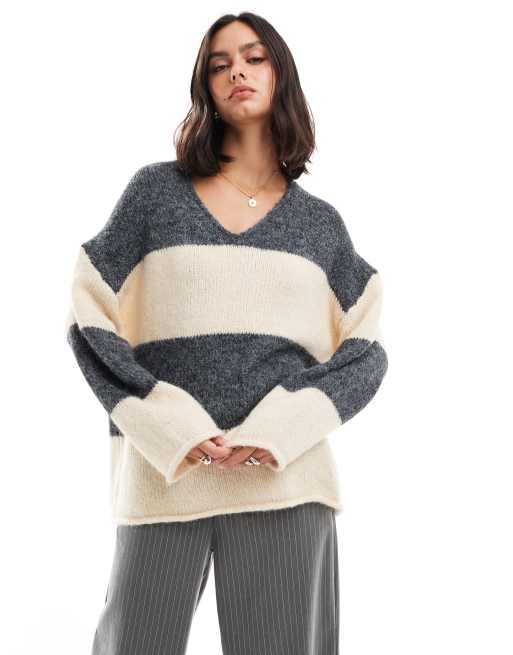 ASOS DESIGN loose knit oversized v neck jumper in stripe ASOS