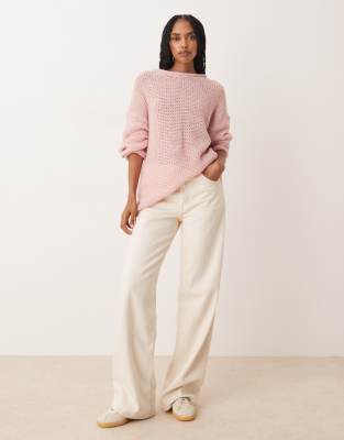 Asos Design Loose Knit Slash Neck Sweater With Rolled Edge Detail In Pink