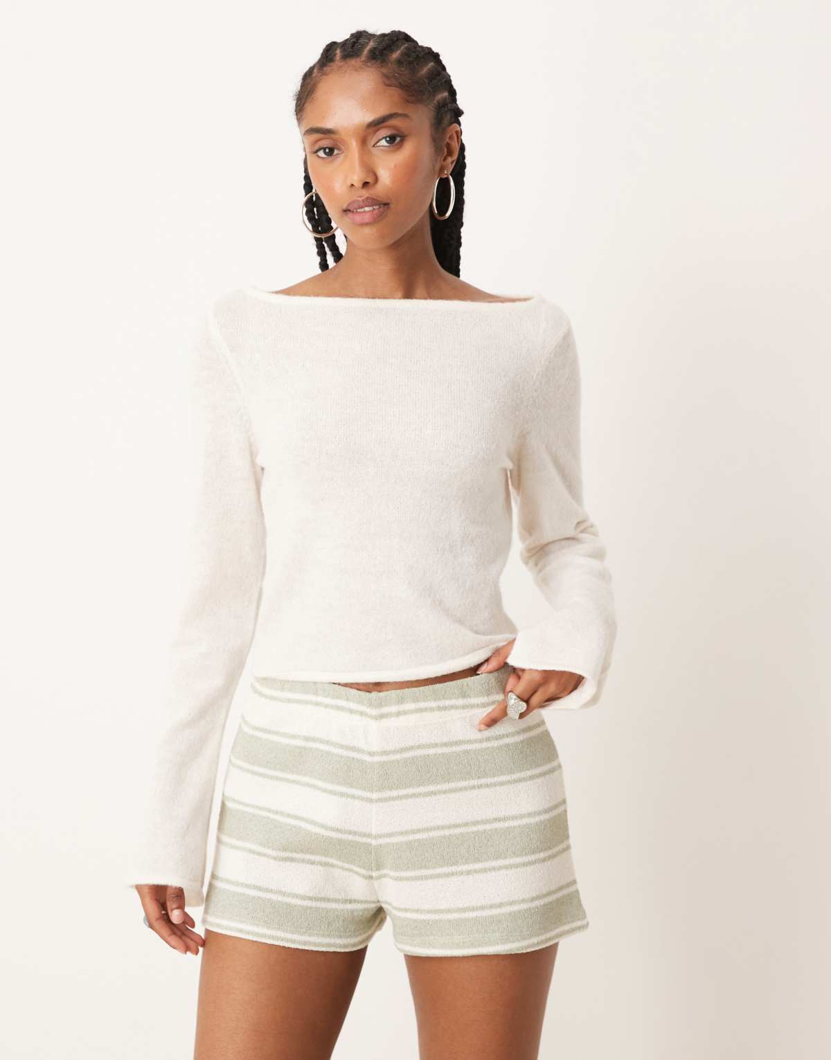 ASOS DESIGN loose knit slash neck top in cream