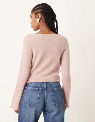 Asos Design Loose Knit Slash Neck Top In Pink
