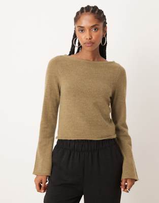 ASOS DESIGN loose knit slash neck top in olive