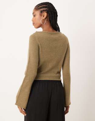 Asos Design Loose Knit Slash Neck Top In Brown