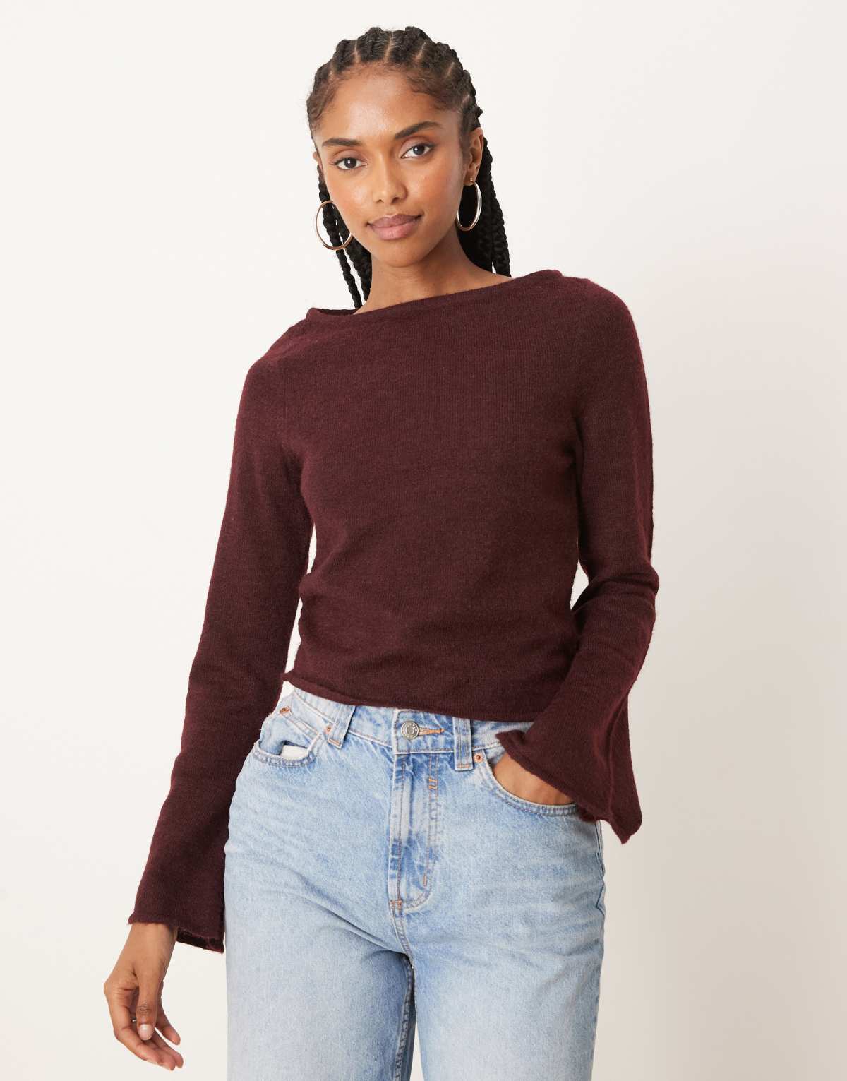 ASOS DESIGN loose knit slash neck top in plum