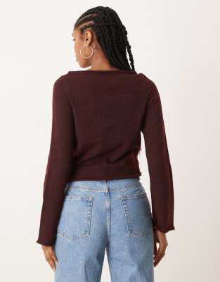 Asos Design Loose Knit Slash Neck Top In Burgundy