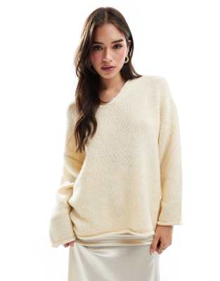 Asos Design Loose Knit V Neck Longline Sweater In Cream-white