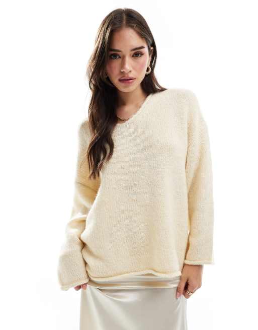 ASOS Design Loose Knit V Neck Longline Sweater in cream White