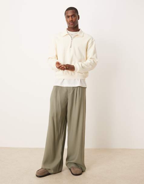ASOS DESIGN loose leg dress pants with double stitch down pleat in khaki - view 1