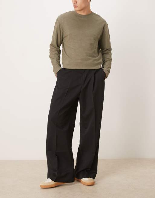 ASOS DESIGN loose leg pleated dress pants with exposed button in black