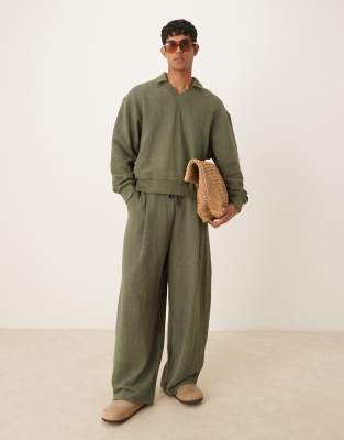 ASOS DESIGN loose linen look sweatpants in khaki-Green