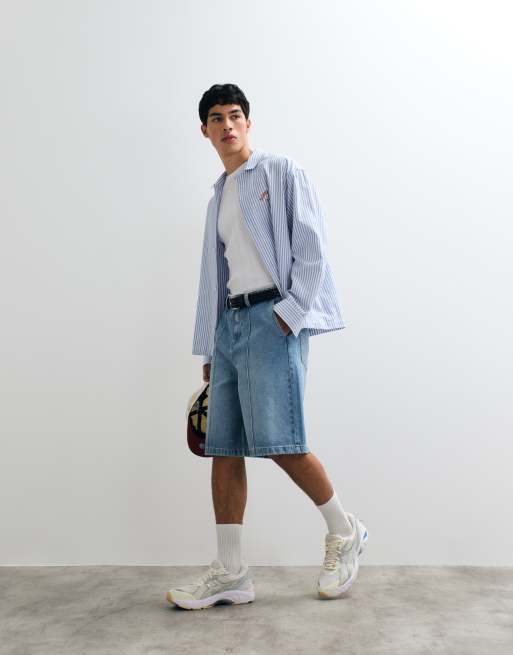 ASOS DESIGN loose longer length jorts in mid wash blue with pintuck - MBLUE, 5 of 5
