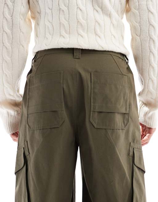 ASOS DESIGN loose pull on cargo pants in khaki green with pleats, 5 of 5