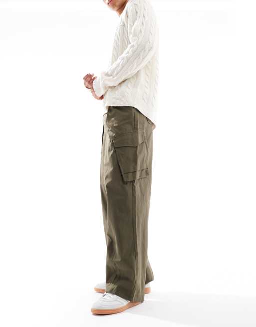 ASOS DESIGN loose pull on cargo trousers in khaki with pleats, 3 of 5