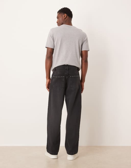 ASOS DESIGN loose straight fit jeans with stud detail in black wash, 2 of 5