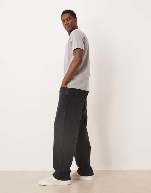 ASOS DESIGN loose straight fit jeans with stud detail in black wash, 3 of 5