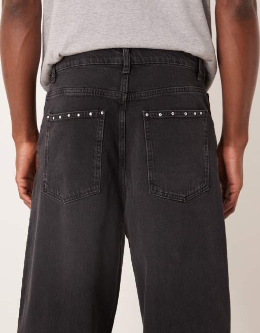 ASOS DESIGN loose straight fit jeans with stud detail in black wash, 4 of 5