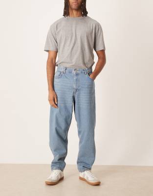 ASOS DESIGN loose straight fit subtle green tint light wash jeans-Blue