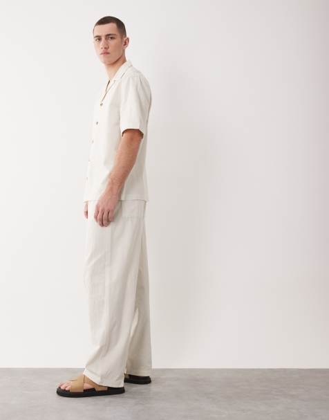ASOS DESIGN loose straight fit textured pants in ecru - part of a set - view 1