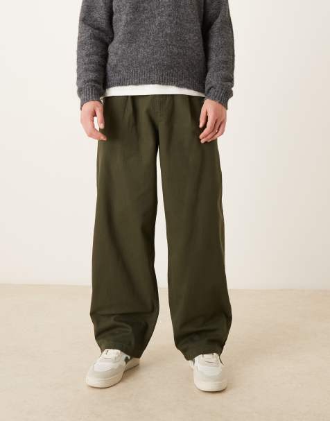 ASOS DESIGN loose straight fit trousers with pleat detail in dark green