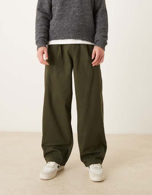 ASOS DESIGN loose straight fit trousers with pleat detail in dark green