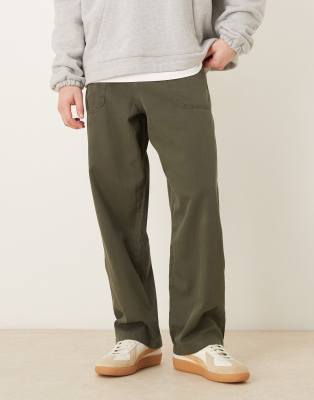 Asos Design Loose Straight Herringbone Pants In Green
