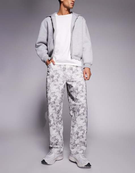 ASOS DESIGN loose straight  jeans in camo print in grey