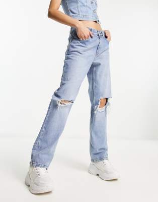 Asos Design Straight Jean In Light Wash With Rip And Split Hem-blue In Blue
