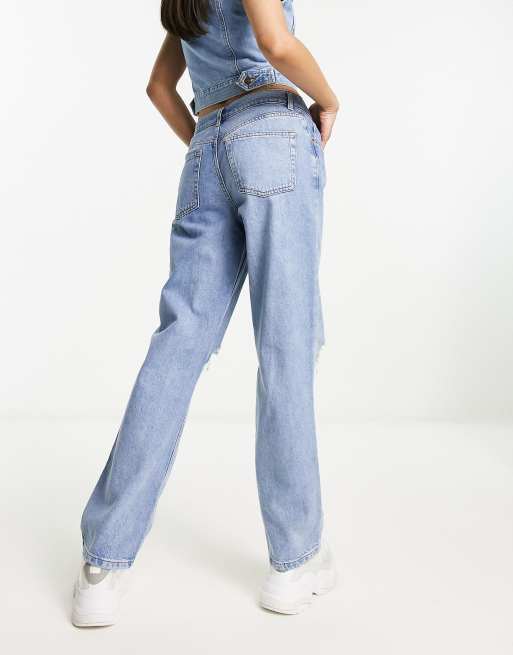 ASOS Design Loose Straight Jeans with Knee Rips in Light Blue