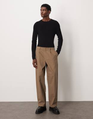 Asos Design Loose Straight Leg Faux Suede Pants With Pleats In Brown