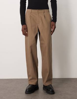 Asos Design Loose Straight Leg Faux Suede Pants With Pleats In Brown