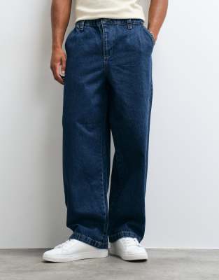 Asos Design Loose Straight Leg Jeans With Elastic Waist In Blue