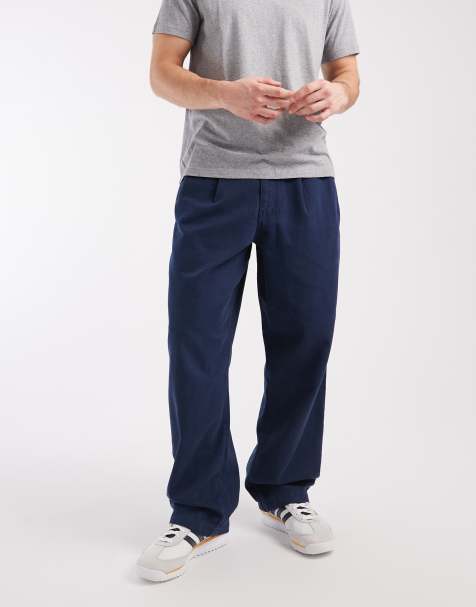 ASOS DESIGN loose straight leg pants with double pleats in navy - view 1