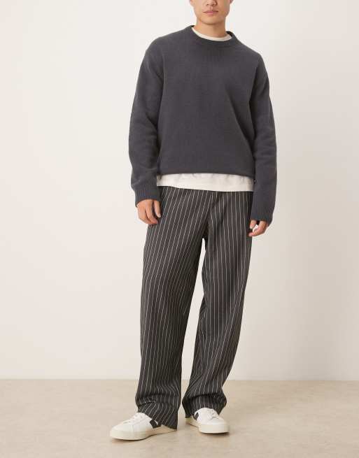ASOS DESIGN loose straight pull on trousers in grey pinstripe