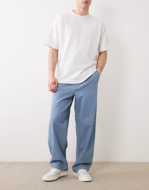 ASOS DESIGN loose straight lightweight jeans in blue and white stripe - view 1