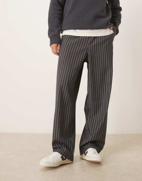 ASOS DESIGN loose straight pull on trousers in grey pinstripe - view 1