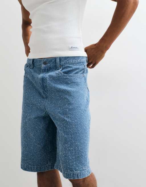 ASOS DESIGN loose textured denim jorts in mid wash blue | ASOS