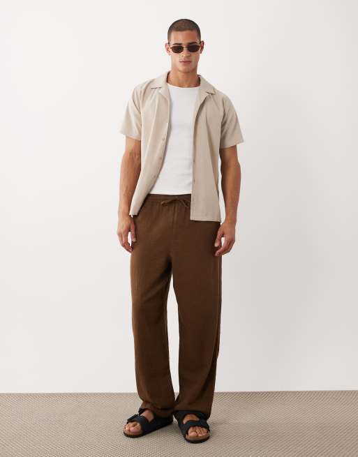 ASOS DESIGN loose textured trousers in brown with elasticated waistband , 2 of 5