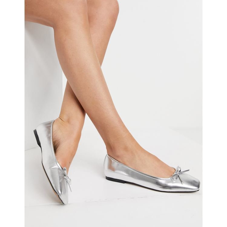 ASOS DESIGN Lora square toe ballet flats in silver | ASOS