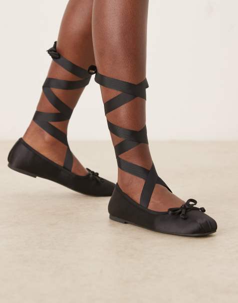 ASOS DESIGN Lorene bow detail tie leg ballet flats in black satin - view 1