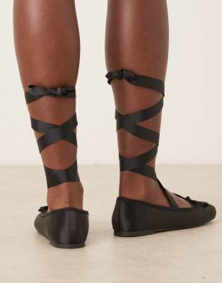 Asos Design Lorene Bow Detail Tie Leg Ballet Flats In Black