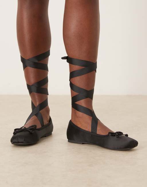 Ballerina Flats Flats That Tie Up The Leg ASOS DESIGN Lorene Bow Detail Tie  Leg Ballet Flats In Black Satin