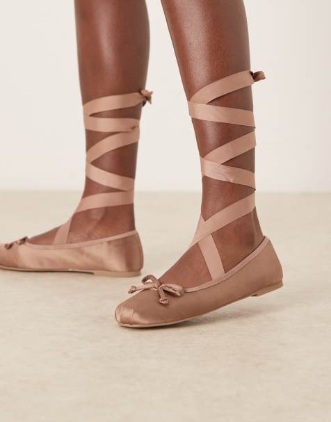 ASOS DESIGN Lorene bow detail tie leg ballet flats in rose satin - view 1
