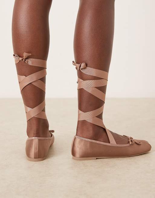 ASOS DESIGN Lorene bow detail tie leg ballet flats in rose satin