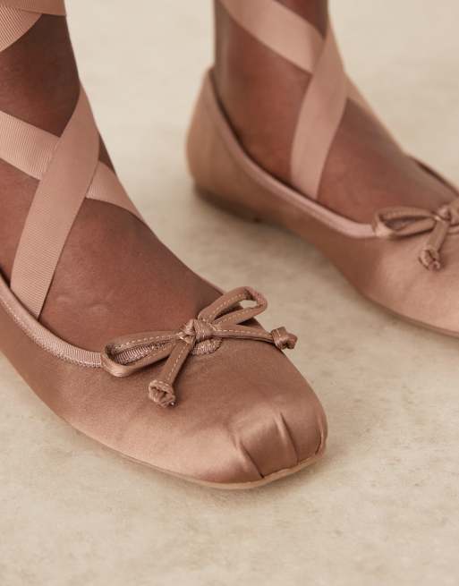 ASOS DESIGN Lorene bow detail tie leg ballet flats in rose satin