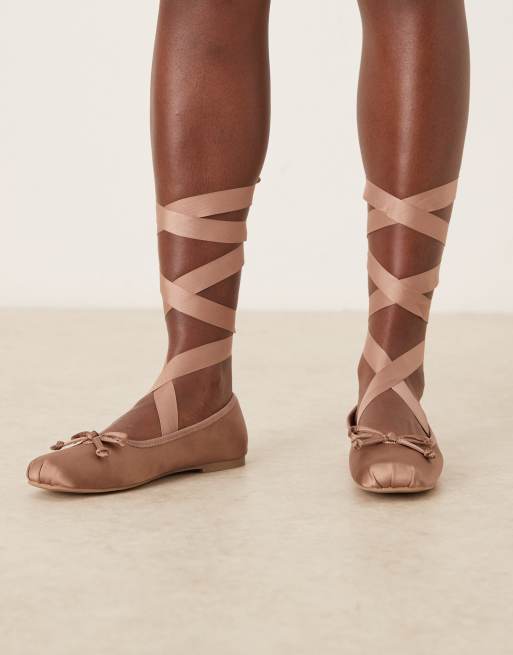ASOS DESIGN Lorene bow detail tie leg ballet flats in rose satin