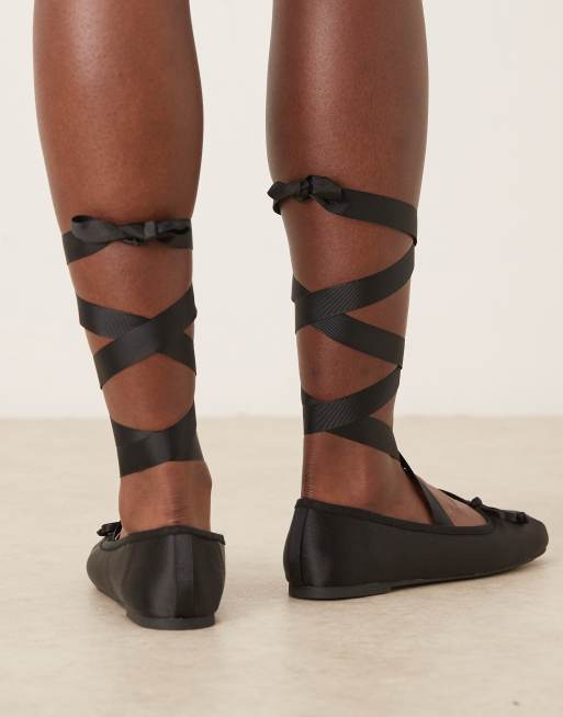 ASOS DESIGN Lorene bow detail tie leg ballets in black satin, 2 of 4