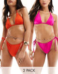 [ASOS DESIGN] ASOS DESIGN Lori 2 pack tie side bikini bottoms in orange & pink-Multi 14 Pink & Orange