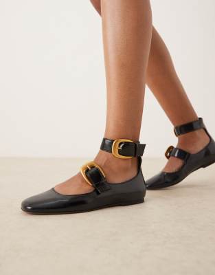 Asos Design Lorna Oversized Buckle Mary Jane Ballet Flats In Black