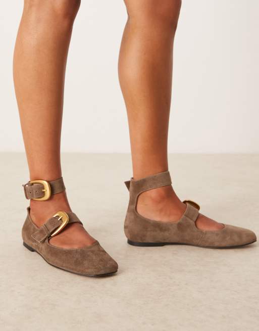 ASOS DESIGN Lorna oversized buckle mary jane ballet flats in brown suede