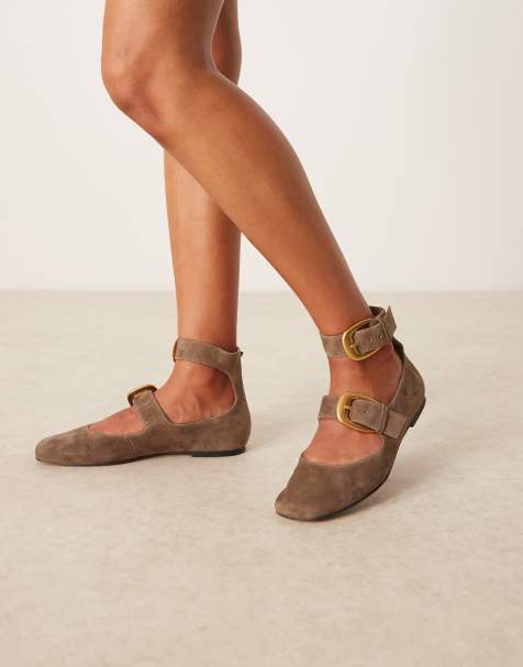 ASOS DESIGN Lorna oversized buckle mary jane ballets in brown suede - view 1